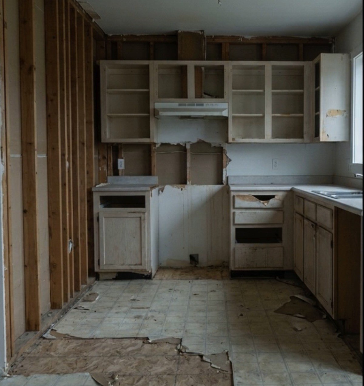 Same Saanich kitchen before renovation — stripped to the studs, original cabinetry exposed, floor down to subfloor