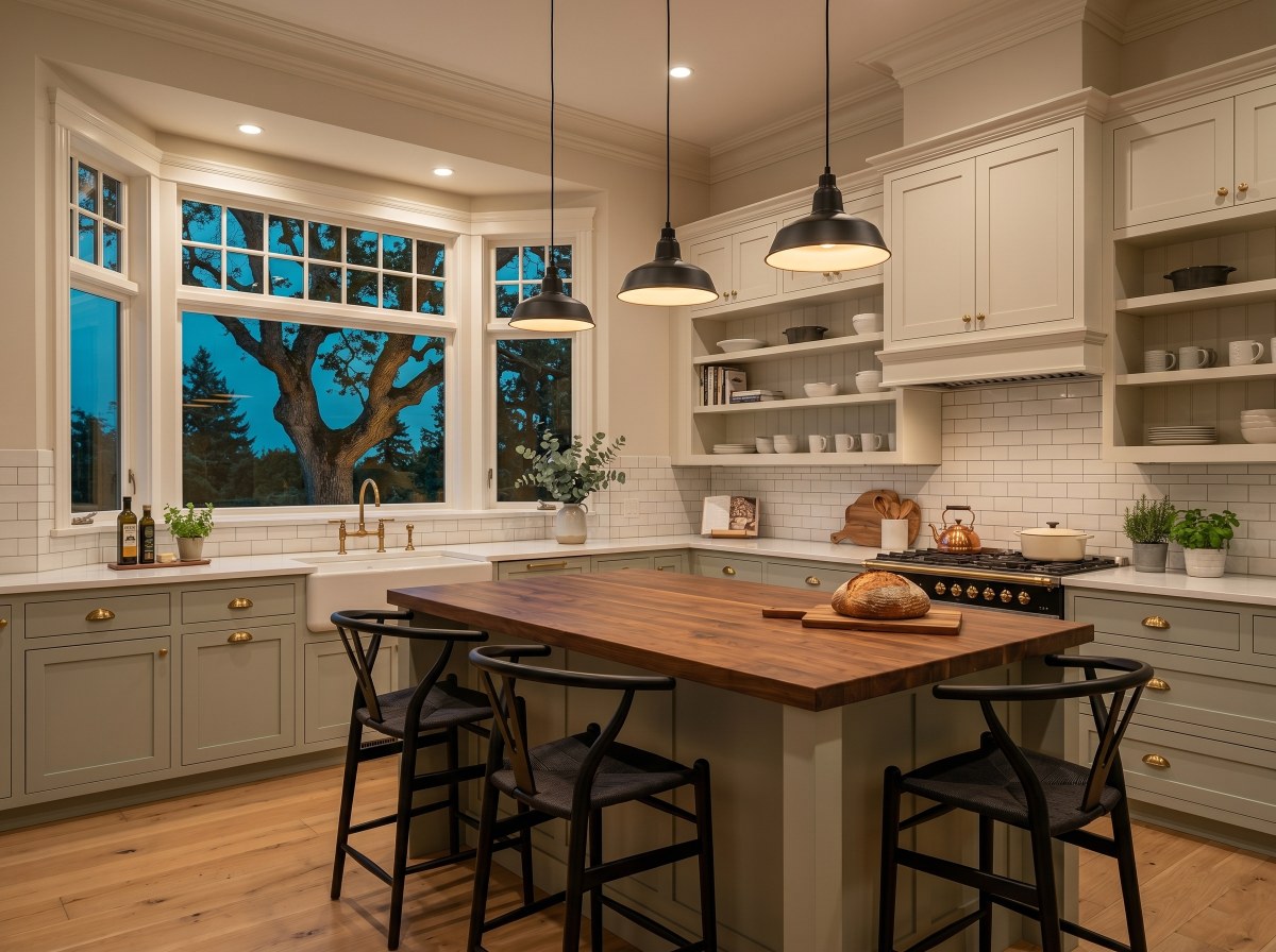 SafeBuild kitchen renovation — Victoria character home with custom shaker cabinetry, quartz counters, walnut butcher-block island, three matte-black industrial pendants, original bay window with Garry oak at dusk