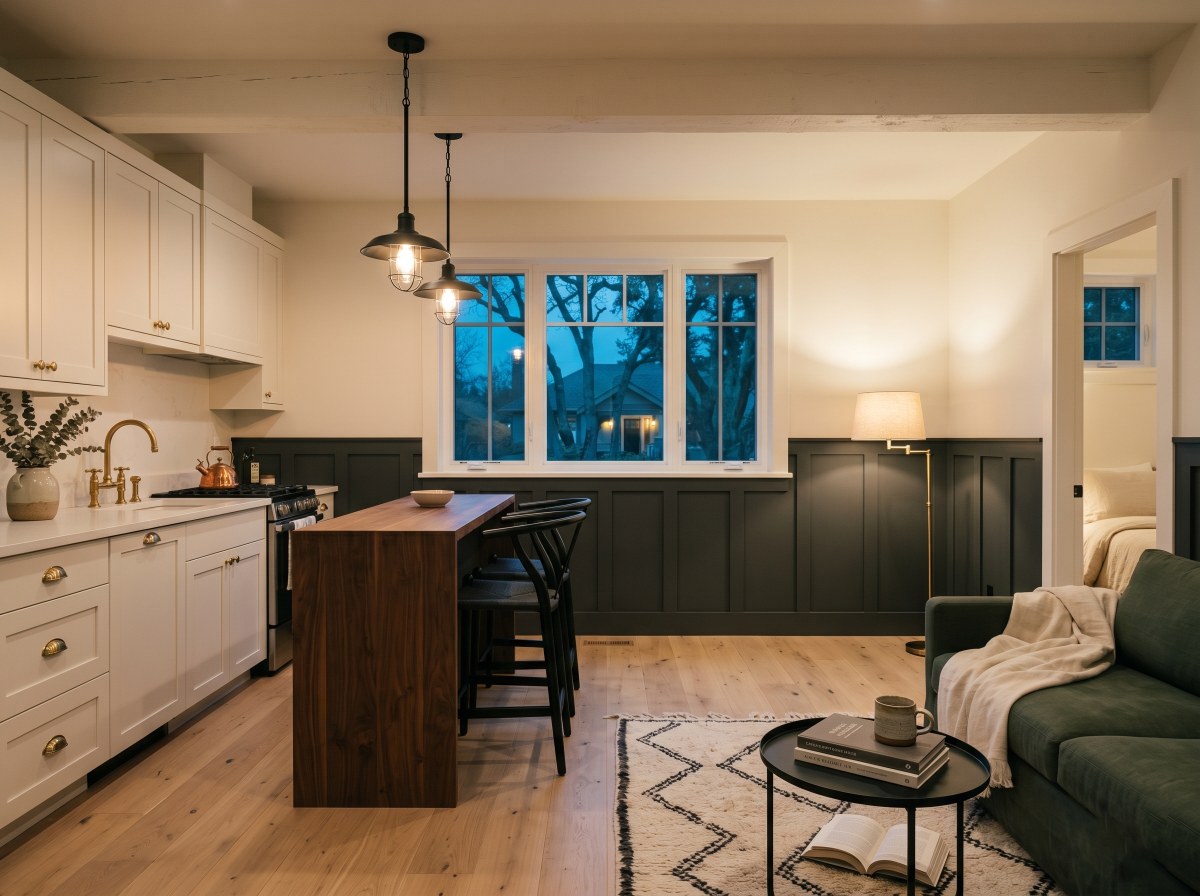 SafeBuild legal secondary suite — open-plan kitchenette and living area with code-compliant egress window, warm interior lighting against twilight, walnut butcher-block bar, white shaker cabinetry, forest-green linen sofa
